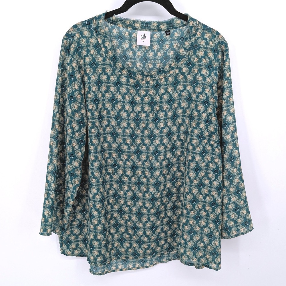 Cabi Blouse Women Large Green Floral Geometric Scoop Neck 3/4 Sleeve Office 3069
